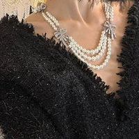 French multi-layer pearl and diamond bow necklace multi-layer clavicle chain
