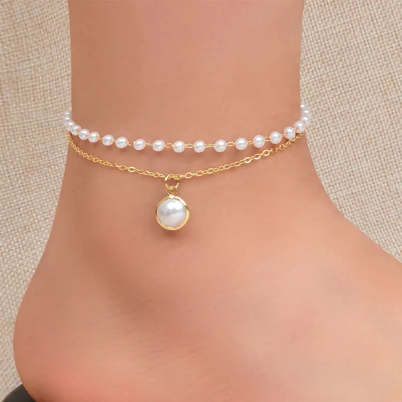 Two Layers Pearl Anklets Bracelets Metal Chain