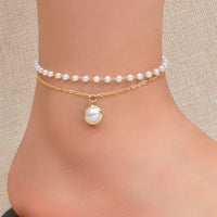 Two Layers Pearl Anklets Bracelets Metal Chain