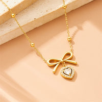 DIEYURO 316L Stainless Steel Golden Bowknot Heart White Zircon Necklace For Womens New Trend Bow Love Neck Jewelry Gift Party