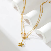 EILIECK 316L Stainless Steel Metal Double Chain Starfish Shells Pendant Necklace 18K PVD Plated Waterproof Fashion Jewelry Women