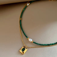 Exquisite Peacock Stone Bead Pearl Necklace For Women Simple Emerald Zircon pendant Layered Collarbone Chain 2025 New Jewelry