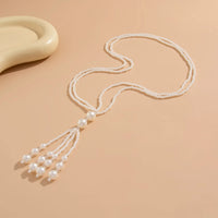 KunJoe Elegant Imitation Pearl Long Tassel Necklace for Women New Seed Beads Choker Adjustable Sweater Collar Chain Neck Jewelry