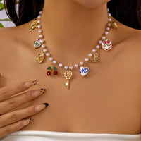 Sweet Red Cherry Zircon Clavicle Necklaces for Women Exquisite Imitation Pearl Strawberry Flower Metal Choker Party Jewelry Gift