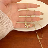 Zirconia Bow Pendant Necklace Sweet
