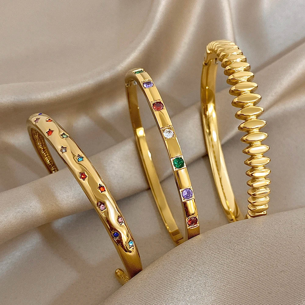 Gold Plated New Stainless Steel Bracelet Inlaid Colorful Rhinestones Luxurious Open Cuff Bangles Bracelets for Women Men Jewelry