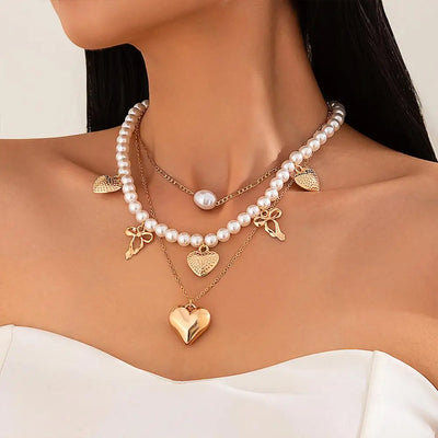 Pearl Bow Heart Necklace