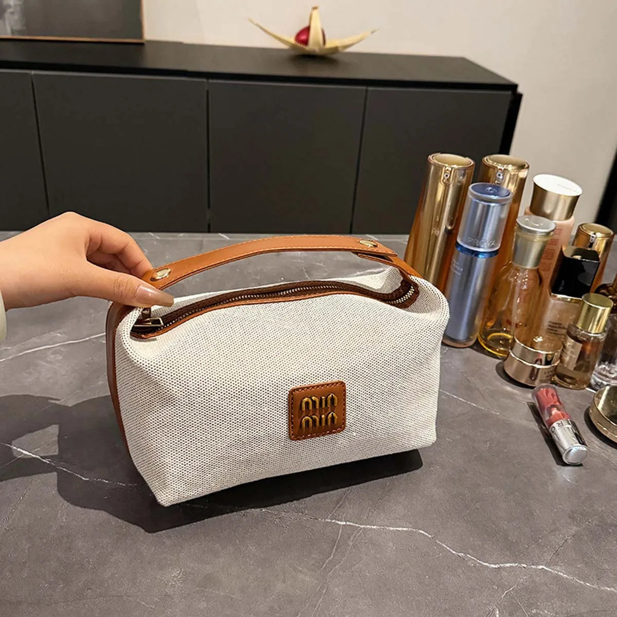 Double-layer hand-held bag, metal label cosmetic bag, retro canvas portable hand-held bag with a high-end feel for storage