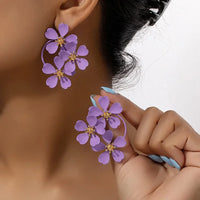 Exaggerated Retro Style Long Bohemian Temperament Spray Paint With Gold Plated Small Flowers Earrings