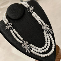 French multi-layer pearl and diamond bow necklace multi-layer clavicle chain