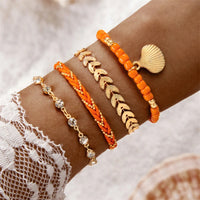 4pcs/set Bohemia Shell Bracelets for Women Ethnic Style Colorful Zircon Rice Beads Metal Chain Bangles Summer Beach Jewelry