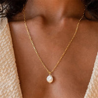 EManco Trendy Y-Shaped Stainless Steel Necklace Gold Color Jewelry Rectangle Link Chain Choker Freshwater Pearl Pendant Necklace