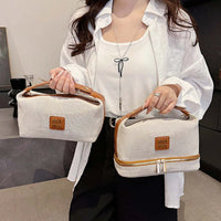 Double-layer hand-held bag, metal label cosmetic bag, retro canvas portable hand-held bag with a high-end feel for storage