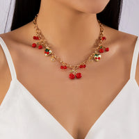 Sweet Red Cherry Zircon Clavicle Necklaces for Women Exquisite Imitation Pearl Strawberry Flower Metal Choker Party Jewelry Gift