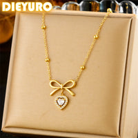 DIEYURO 316L Stainless Steel Golden Bowknot Heart White Zircon Necklace For Womens New Trend Bow Love Neck Jewelry Gift Party