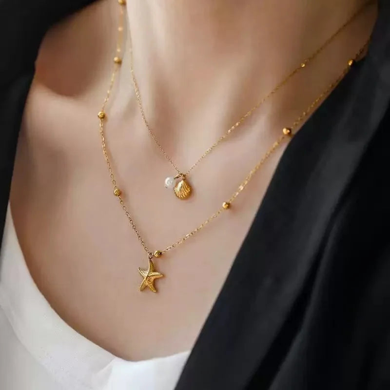 EILIECK 316L Stainless Steel Metal Double Chain Starfish Shells Pendant Necklace 18K PVD Plated Waterproof Fashion Jewelry Women