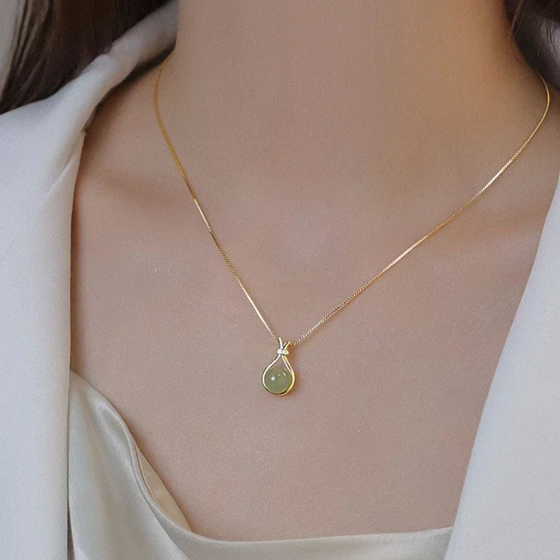 Fashion Chinese Style Blessing Bag Pendant Zircon Round Jadeite Green Imitation of Hotan Jade Chain Choker Women Necklaces