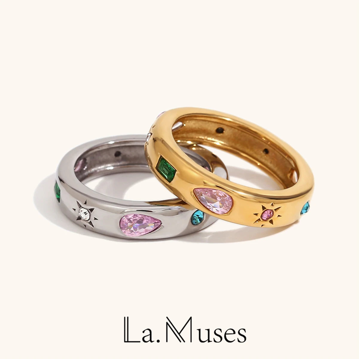 La.Muses Simple Cubic Zirconia High-end Stainless Steel 18K Gold Rings for Women Daily Waterproof Jewelry and Accessories