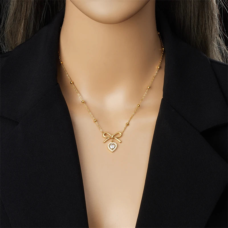DIEYURO 316L Stainless Steel Golden Bowknot Heart White Zircon Necklace For Womens New Trend Bow Love Neck Jewelry Gift Party