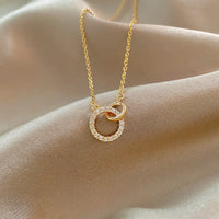 Personality Gold Color Stainless Steel Zircon Double Ring Pendant Necklaces for Women Charm Bride Collar Korea Jewelry Colorfast