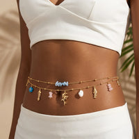 Summer Beach Shell Waist Chain For Women Bohemia Double Layer Starfish Conch Beaded Belly Chain Vacation Bikini Body Jewelry