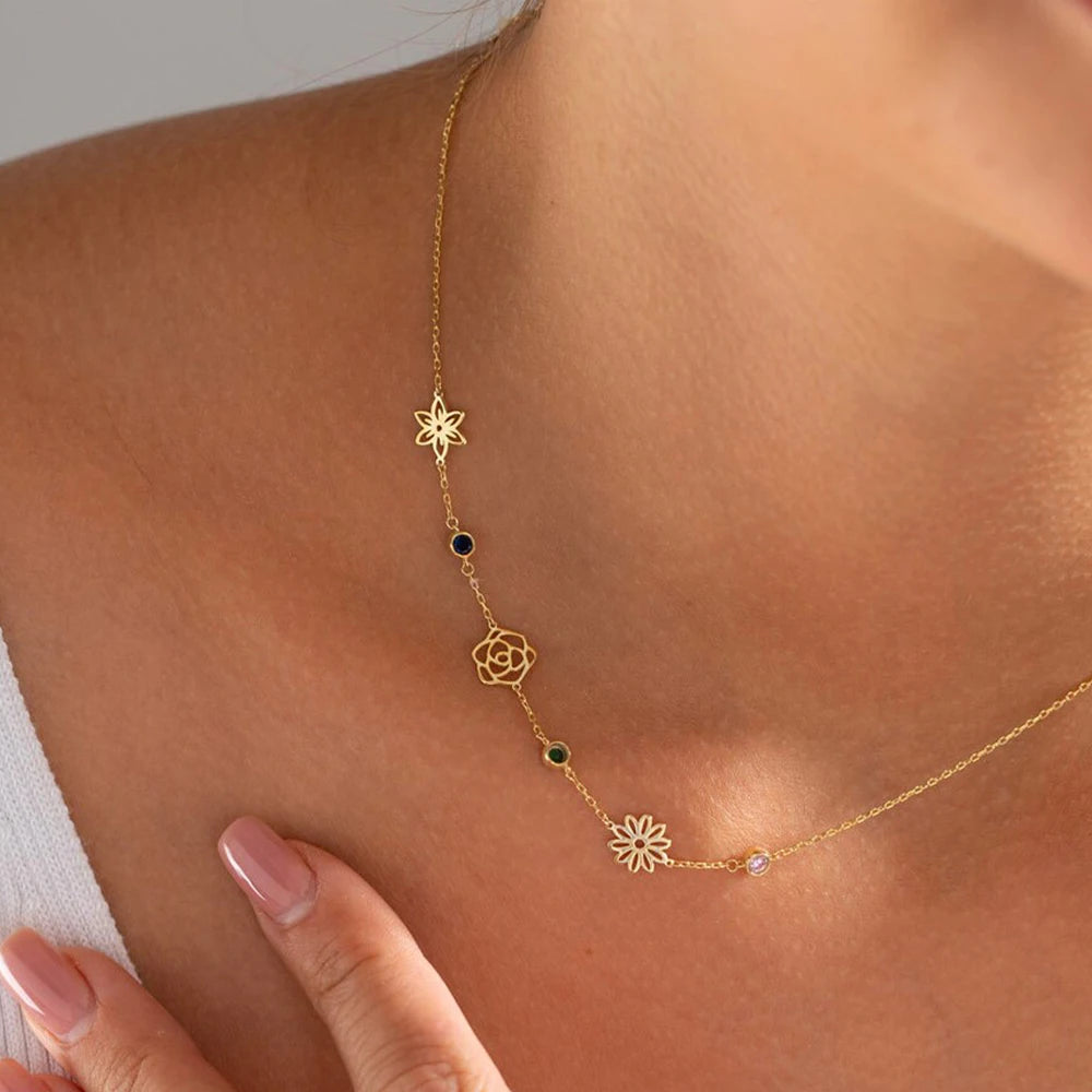 eManco Custom Birthstone Necklaces Stainless Steel Botanical Flower Pendant Women's Personalized Necklace Jewelry Birthday Gift