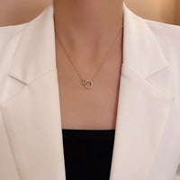 Personality Gold Color Stainless Steel Zircon Double Ring Pendant Necklaces for Women Charm Bride Collar Korea Jewelry Colorfast
