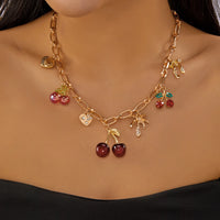 Sweet Red Cherry Zircon Clavicle Necklaces for Women Exquisite Imitation Pearl Strawberry Flower Metal Choker Party Jewelry Gift