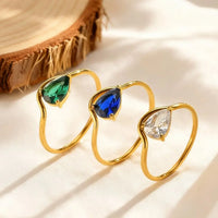 Luxurious Water Drop Zircon Ring 18K Gold Plated Stainless Steel Geometric Finger Ring for Women Chic Wedding Jewelry Gifts