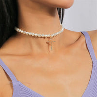 Aihua Korean Elegant Imitation Pearl Cross Pendant Necklace For Women Collars Pearls Necklace Choker Wedding Party Jewelry Gifts