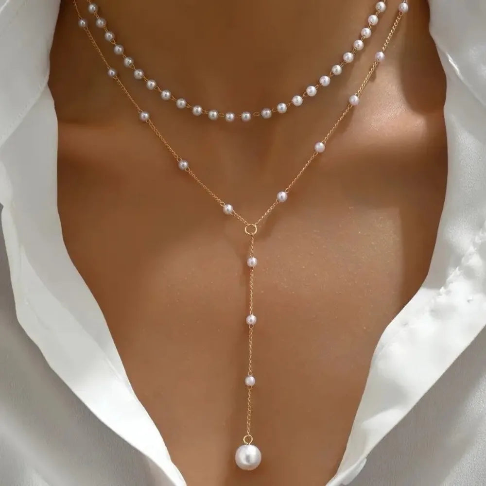 Faux Pearl Lariat Necklace