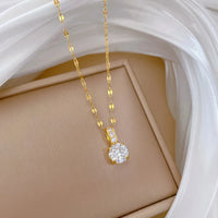 Classic Fashion Gold Color Stainless Steel Round Rhinestone Pendant Necklace for Women Luxury Wedding Bride Collar Jewelry Gift