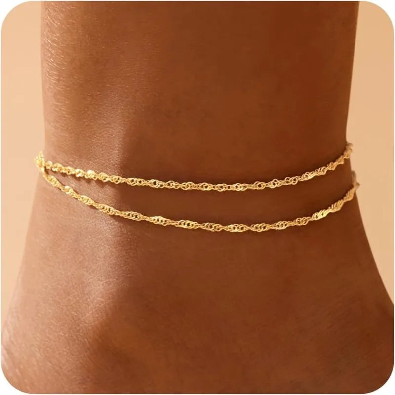 Gold Anklets Bracelets for Women Waterproof,14K Gold Plated Stainless Steel Dainty Layered Anklets Bracelets Set Jewelry Gift