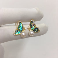ZHBORUINI 2024 New Natural Freshwater Pearl Earrings Female Colorful Abalone Shell Butterfly 14K Gold-Plated S925 Silver Needle