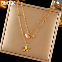 EILIECK 316L Stainless Steel Metal Double Chain Starfish Shells Pendant Necklace 18K PVD Plated Waterproof Fashion Jewelry Women