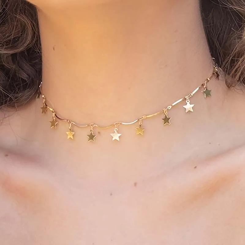 Fashion Gold Color Star Tassel Pendant Necklace For Men Women Minimalist Metal Geometric Clavicle Chain Chokers Jewelry