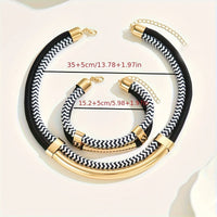 2PCS Set New Fashion Black and White Thick Double Line Metal Tube Exaggerated Hip-Hop Style Necklace Bracelet Set for Daily Wear