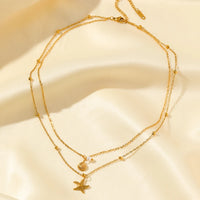 EILIECK 316L Stainless Steel Metal Double Chain Starfish Shells Pendant Necklace 18K PVD Plated Waterproof Fashion Jewelry Women