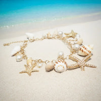 Rinhoo Ocean Style Imitation Conch Pendant Bracelet for Women Boho Starfish Metal Chain Summer Beach Party Jewelry Gift