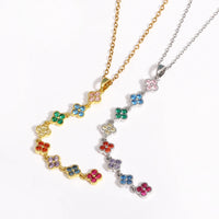 316L Stainless Steel Rainbow CZ Clover Flower Zircon Necklace For Women Fashion Long Pendant Chain Waterproof Jewelry Gift