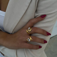 Stainless Steel Water Drop Shaped Large Zircon Rings 18K Gold Plated Opening Ring Women Waterproof Statement Jewelry