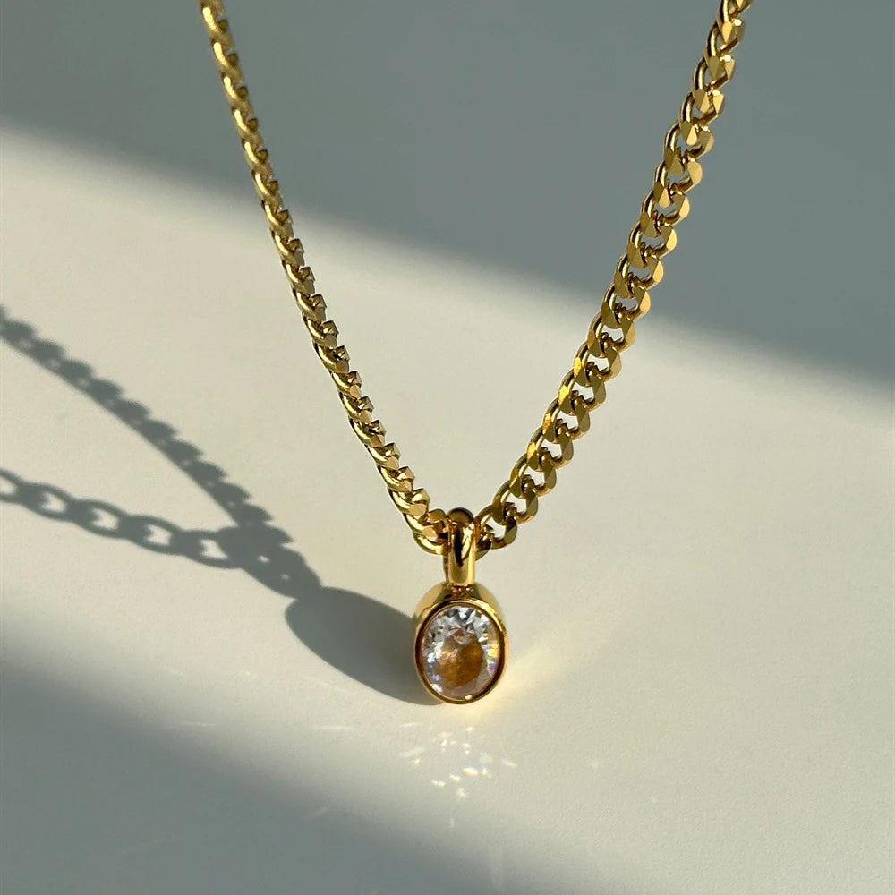 Delicate Multicolour Oval CZ Natural Stone Pendant Necklace for Women Stainless Steel Cuban Chain Necklace Fashion Jewelry Gift