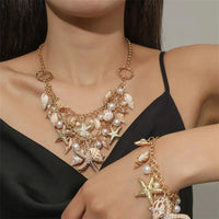 Rinhoo Ocean Style Imitation Conch Pendant Bracelet for Women Boho Starfish Metal Chain Summer Beach Party Jewelry Gift