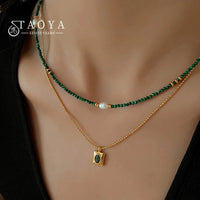 Exquisite Peacock Stone Bead Pearl Necklace For Women Simple Emerald Zircon pendant Layered Collarbone Chain 2025 New Jewelry