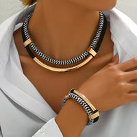 2PCS Set New Fashion Black and White Thick Double Line Metal Tube Exaggerated Hip-Hop Style Necklace Bracelet Set for Daily Wear