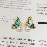 ZHBORUINI 2024 New Natural Freshwater Pearl Earrings Female Colorful Abalone Shell Butterfly 14K Gold-Plated S925 Silver Needle