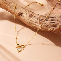 DIEYURO 316L Stainless Steel Golden Bowknot Heart White Zircon Necklace For Womens New Trend Bow Love Neck Jewelry Gift Party