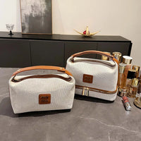 Double-layer hand-held bag, metal label cosmetic bag, retro canvas portable hand-held bag with a high-end feel for storage