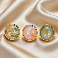 Fashion Conch Starfish Shell Inlay Stainless Steel Open Ring for Women, 18K Gold Plated Ocean Style Summer Finger Jewelry