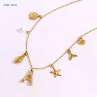 MHS.SUN Starfish Shell Initial Necklace Waterproof 18K Gold Plated Stainless Steel Charm Necklaces Surfer Girl Summer Beach Gift